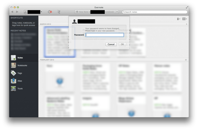 Evernote password reset snap